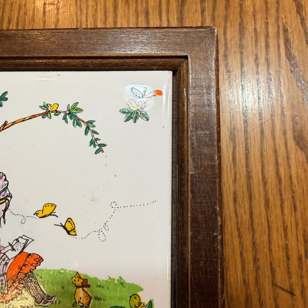 Vintage Wood Trinket Box Ceramic Tile Top Girl Reading Butterflies Cottagecore - Picture 3 of 16